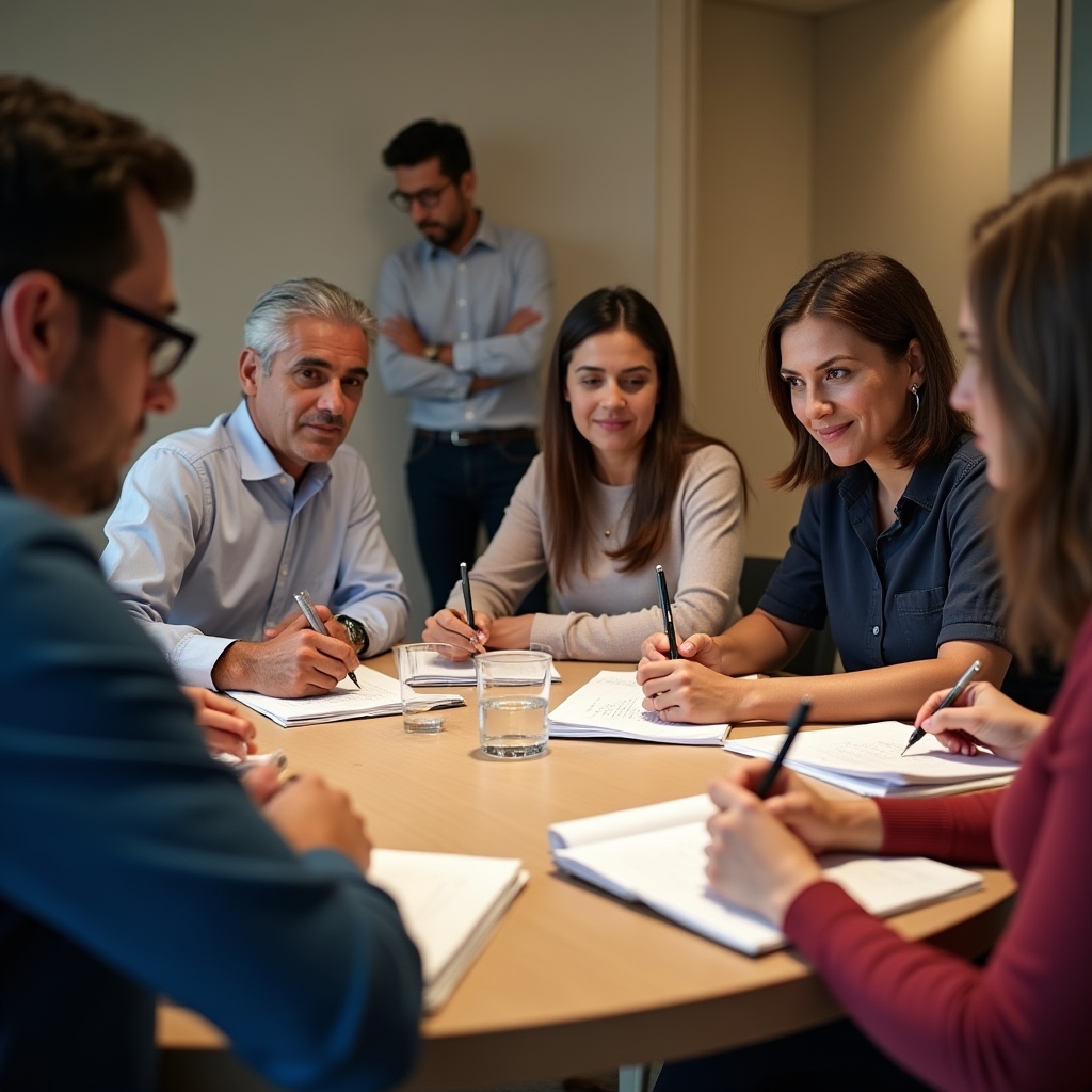Active program session with SME owners working through delegation exercises at a table