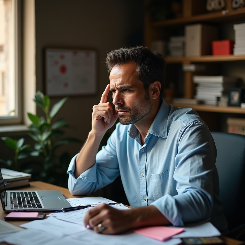 SME owner overwhelmed at desk with multiple tasks and responsibilities