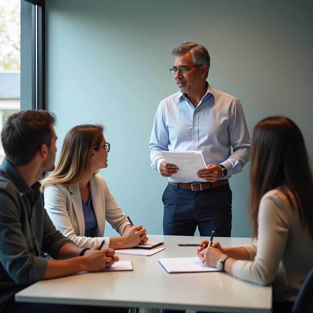 SME owner conducting a team meeting and delegating responsibilities