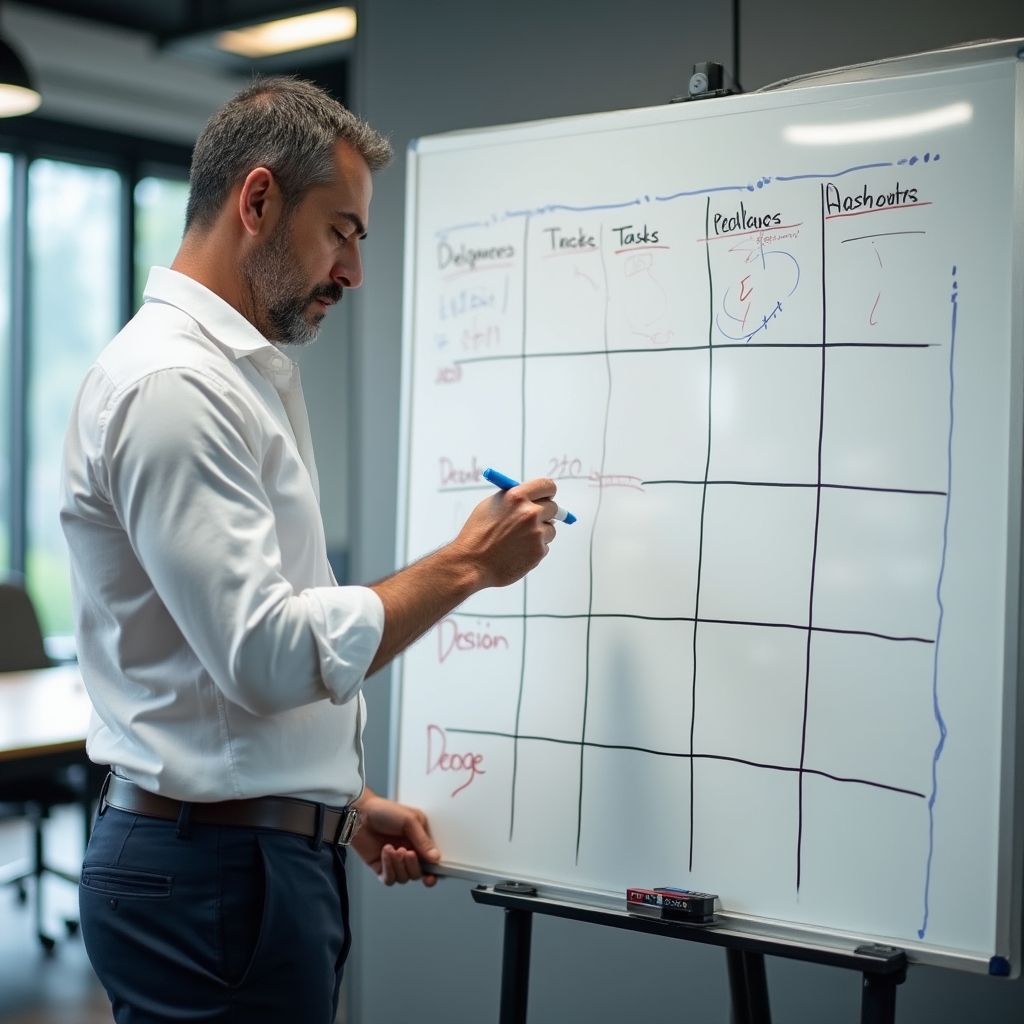 Business owner designing a delegation tracking system on whiteboard